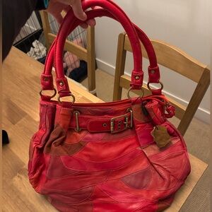 Vintage country road Patchwork Red Leather Tote Bag